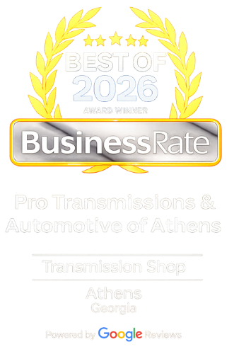 Gold laurel wreath and "Best of 2026" BusinessRate award for Pro Transmissions & Automotive of Athens.