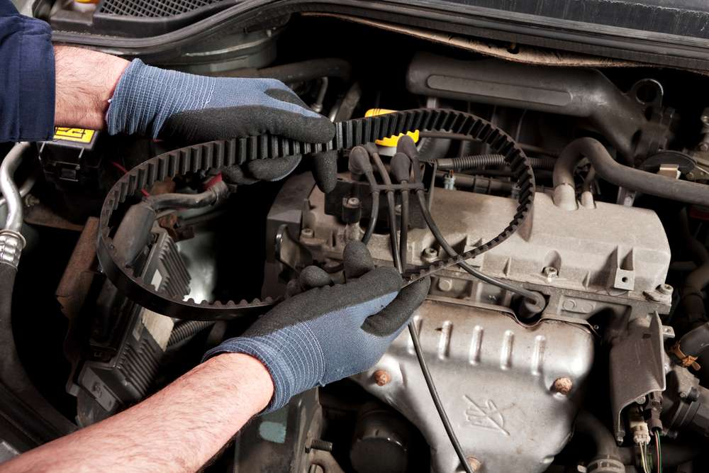 A pair of hands wearing blue gloves is holding a timing belt above a car engine. The engine components are visible, showcasing various pipes, cables, and metal parts. Focused on the timing belt, which appears to be in good condition, this scene captures the precision of auto repair in Clarke County.