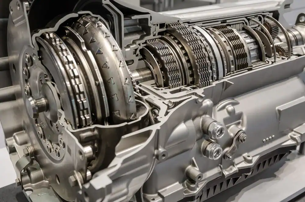 Close-up view of a cutaway automatic transmission, revealing internal gears, clutches, and mechanical components inside a metallic housing.